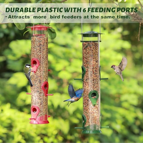 2 Packs Bird Feeder Tube Hanging Feeders, 6 Port Wild Bird Feeders Premium Hard Plastic with Steel Hanger Weatherproof and Water Resistant Great for Attracting Birds 18.2 Inches Large (Red + Green) - color: 2Packs-red&green