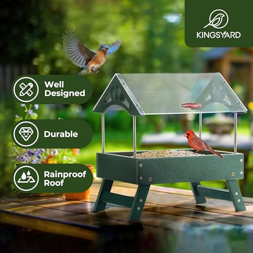 Kingsyard Covered Platform Ground Bird Feeder for Outdoors, Green | Rain-Resistant Roof, Weather-Resistant Recycled Poly Lumber, Metal Mesh Bottom, Foldable Legs, Tool-Free Assembly - color: Green