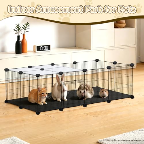 PETKNOWS 21 Panels Small Animal Playpen with Door and Mat | Metal Wire Fence, Indoor Outdoor Use, Rabbits Guinea Pigs Hamsters, Portable Foldable Design, Waterproof Mat Included