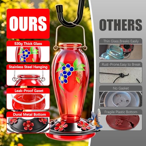 24 OZ Hummingbird Feeder for Outdoors Hanging, | Heavy-Duty Thick Glass With Floral Decals, Leak-Resistant Metal Base, 5 Feeding Ports & Perch - color: Red