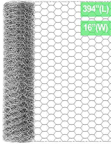 TOYPOPOR Chicken Wire 16'' x 396''(40cm x 10m), Outdoor Anti-Rust Hexagonal Galvanized Chicken Wire Mesh Fencing to Protect Gardening Plants Vegetables Flowers Fruits From Dogs Rabbits Squirrels, 32ft - size: 33ft/10m +100Ties