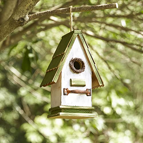 Glitzhome Bird Houses for Outside, Bluebird Houses for Outdoors, 10.75" H Green Roof Garden Wooden Birdhouse Hand Painted Hanging Distressed Bird House for Finch Cardinals Swallow Wren Chickadee - color: 10.75"H Green/White