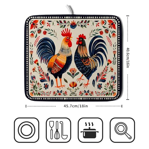 Roosters Chicken Dish Drying Mat for Kitchen Counter Absorbent Microfiber Drying Pad 16 x18 In - color: Chicken Art White, size: 18" x 16"