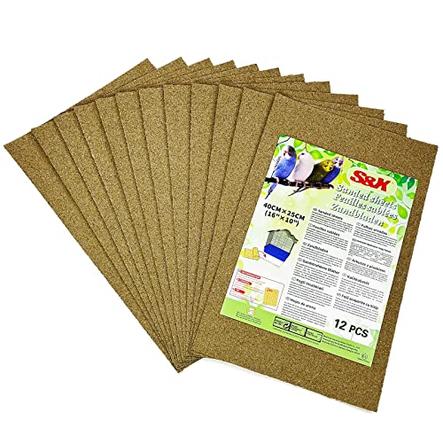S&X Bird Cage Liners 16 x 10in, 12-Pack, Disposable Gravel Paper Sheets | Thick, flat gravel paper eases cage cleanup – gritty surface helps trim claws & beaks – pre-cut to fit common cage trays - size: 12PCS 10" x 16"