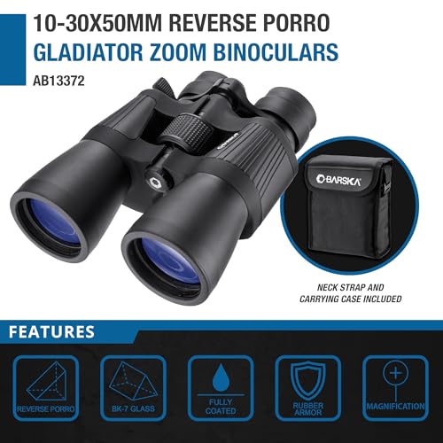 Gladiator 10-30x50mm Zoom Binoculars – Reverse Porro Prism, Fully Coated Optics, BK-7 Prisms, Large Focus Knob, Rubber Armor, Includes Case & Strap - style: 10-30x50 Reverse Porro