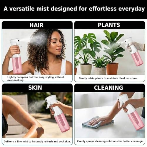 VIGOR PATH Continuous Mist Pink Spray Bottle 200ml Fine Mist for Hair | Ultra Fine Atomizer Leak Proof Ergonomic Construction 360 Refillable - color: PINK
