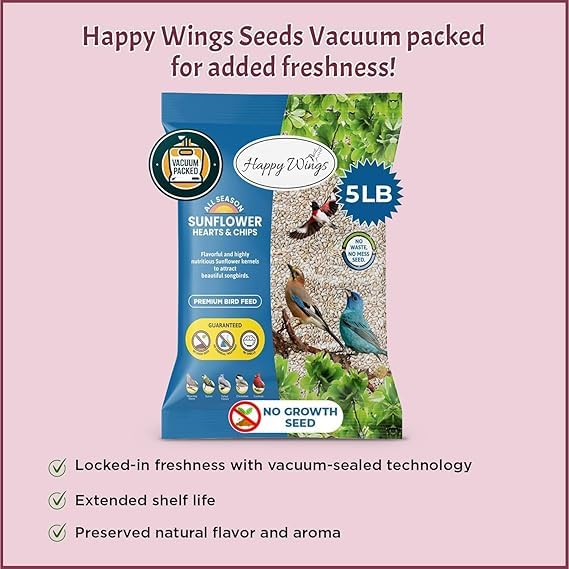 Happy Wings 10LB Sunflower Heart & Chips (Kernels) Bird Food, No Waste | No Mess Feeding, High in Oil & Protein, High Fat & Energy Content, USDA & BRC-GS Approved, Cardinals, Chickadees, Finches - size: 5 Pound (Pack of 2)