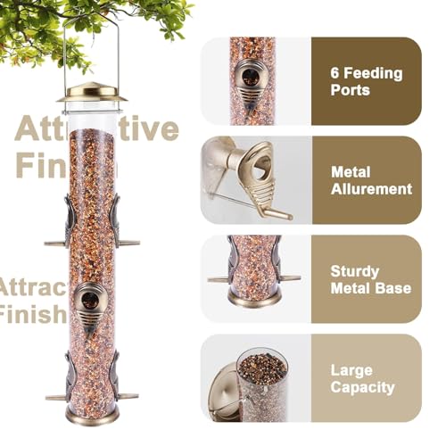 1PK Metal Bird Feeders with 6 Feeding Ports,Tube Bird Feeder with Steel Hanger,Hard Plastic Wild Bird Feeder for Outdoors Hanging, Attracting Birds in Your Lawn, Garden, Balcony–Bronze - color: Bronze 1 PACK