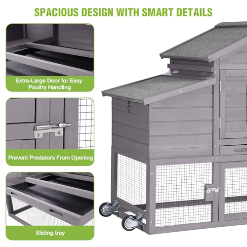 GUTINNEEN Large Chicken Coop on Wheels, Expandable Outdoor Mobile Chicken House, Hen House Poultry Cage with Nesting Box, Leakproof Pull-Out Tray & UV-Resistant Roof – Grey - color: (Grey)