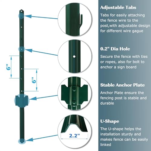 Heavy Duty 7 Feet Green, Pack of 5 Metal Fence Post, for Garden Wire Fence U-Channel Steel Garden Sign Post - size: 7',5 PCS