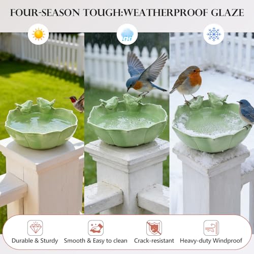 Glazed Ceramic Bird Bath Bowl for Outdoor Ground, UV/Frost-Resistant | 10.1" Birdbath and Feeders for Outside, Garden Table Top Bird Baths, Patio Yard Decor, Easy to Maintain, with Texture, Green - color: Light Green