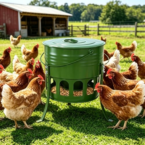 30lbs Metal 12-Port No-Waste Chicken Feeder with Legs | Chicken & Poultry Feeder with Powder-Coated Rust-Proof Finish, Ideal for Chickens Ducks Geese, Backyard Farms, Avocado Green - color: Avocado Green