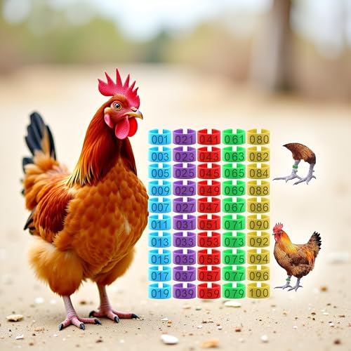 100 Pcs Numbered Chicken Leg Bands, Multi-Color for Poultry | Numbered 1-100 in 10 colors. Fits chickens, ducks, quails, pigeons, birds. Snap-on plastic ID bands for easy identification.