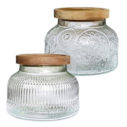 Decorative Glass Jars with Airtight Wooden Lids 2 pack, 25.4 fl. oz | Wide mouth vintage storage canister, kitchen pantry bathroom organization, coffee sugar tea cookie candy candle vase gift - size: 25.4 Ounces, style: Clear 2pc
