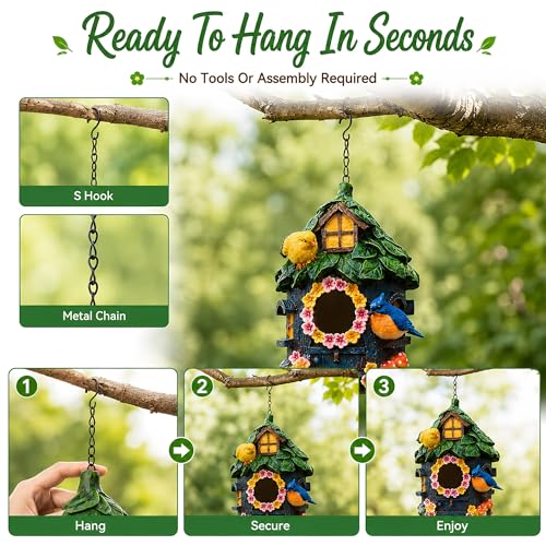 Bird Houses for Outside, Resin Hanging Birdhouse for Outdoors, Hand-Painted Waterproof Wild Bird Nesting Box for Wren Finch Chickadee, Garden Patio Yard Decorative