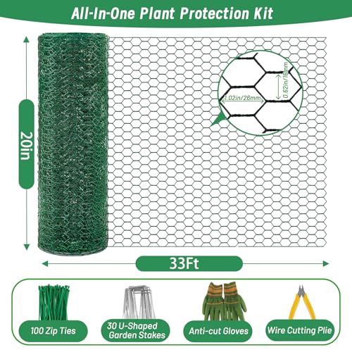 Plant Protectors from Animals, 16.4 x 16In Green PVC Coated Galvanized Chicken Wire Mesh Roll, 0.8mm Free-Cut Plant Cage with Ties, Stakes, Gloves, Pliers & Floral Wire (33Ft*20In) - size: 33Ft*20In