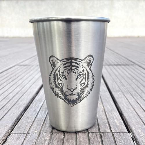 4 Pack 16oz Conical Stainless Steel Cups - Laser Engraved Animals, Stackable Durable Metal Cold Drink Cups for Parties & Outdoor Events (Bear/Lion/Tiger/Wolf) - color: Wild Animal 1