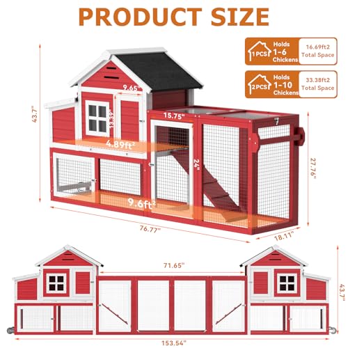 Chicken Coop with Run, Mobile Chicken Coop with Wheels for 4-6 Chickens, Large Outdoor Hen House with Nesting Box, Weatherproof Asphalt Roof, Pull-Out Tray for Small Animals in the Backyard - color: Red