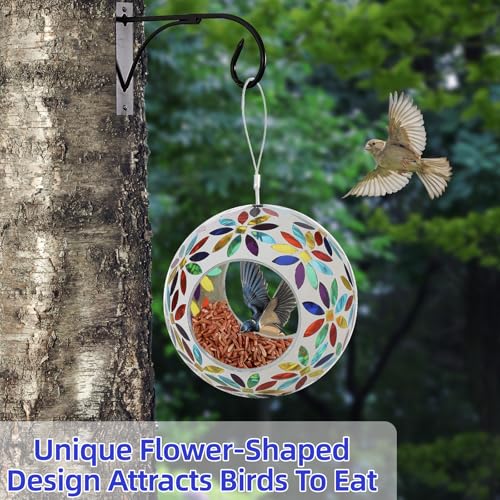 VOREEN Mosaic Glass Bird Feeder, Handcrafted Hanging Fly-Through Feeder for Outdoor Garden & Backyard, Decorative Wild Bird Feeder with Steel Wire Cable, Mosaic Colorful Flowers - color: Multicolor