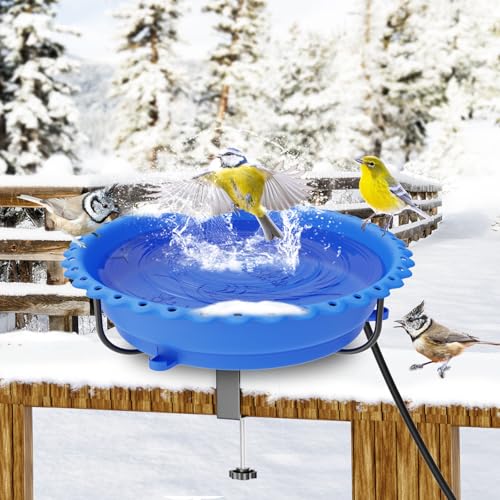 Heated Bird Bath for Outdoors,Deck Railing Heated BirdBaths,Blue | Upgraded 100W,Thermostatically Controlled,Adjustable Clamp 3.2",Easy Clean/Install,Detachable Bowl,Garden Yard Patio Lawn - color: Blue
