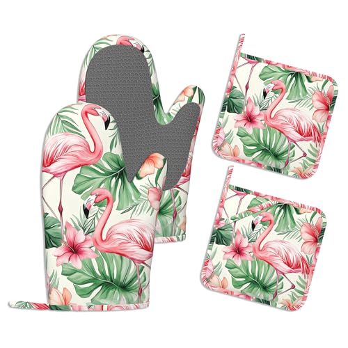 Heat Resistant Pot Holders and Oven Mitts,Pink Flamingo Extra Long Kitchen Oven Mitt Set,Tropical Flowers Leaf Cotton Lining Anti-Slip Waterproof Kitchen Mittens Hot Pan Holder for Baking Cooking - color: Pink Flamingo