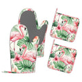 Heat Resistant Pot Holders and Oven Mitts,Pink Flamingo Extra Long Kitchen Oven Mitt Set,Tropical Flowers Leaf Cotton Lining Anti-Slip Waterproof Kitchen Mittens Hot Pan Holder for Baking Cooking - color: Pink Flamingo