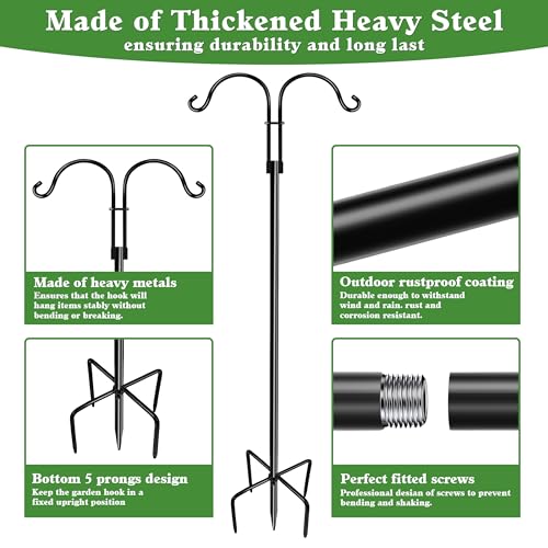 LWWTBS Double Shepherds Hook for Outdoor 1Pack 76 Inch | Heavy Duty Adjustable Bird Feeder Pole, For Hanging Plant Baskets, Garden Decor