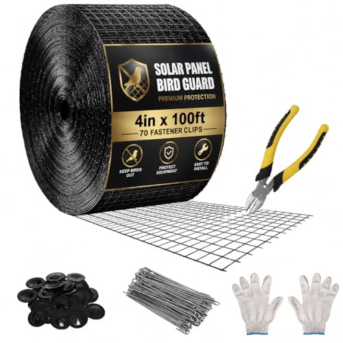 4in X 100ft Solar Panel Bird Guard - 1/2" Black PVC Mesh Galvanized Net | Rust-Resistant Net, Critter Guard for Solar Panels with 70 Fastener Clips, Gloves, Cutting Pliers - size: 4in X 100ft
