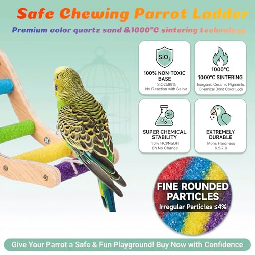 Bird Perch Stand for Beak Grinding and Claw Trimming - Anti-Slip Colorful Climbing Ladder - Natural Wood and Resin Bird Cage Accessories for Parrot Parakeets Lovebird Budgies Cockatiels Conures
