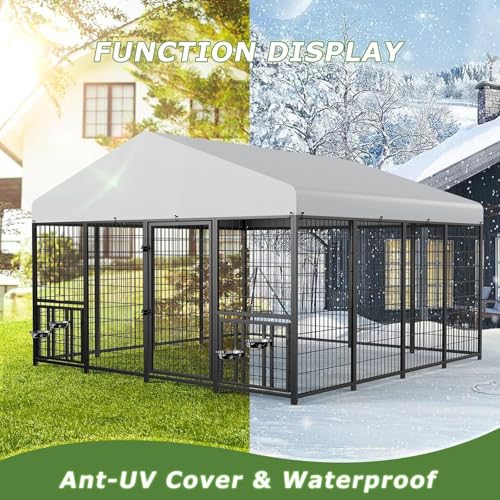 ROOMTEC Large Dog Kennel Outdoor Pet Pens Dogs Run with 4 Bowls (10' L x 10' W x 6.5'H) - size: 10’L x 10’W x 6.5’H