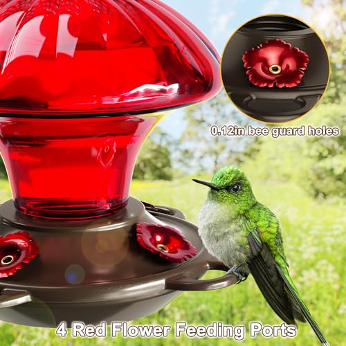 Auslar Glass Hummingbird Feeders for Outdoors Hanging, Red, 15 Oz | Hummingbird Feeder with Ant Moat & 4 Anti-Bee Feeding Ports, Ant and Bee Proof, Leakproof, Easy Clean and Fill, Garden Decor - color: Red