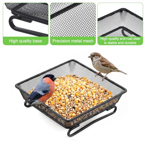 2 Pcs Railing Bird Feeder Tray for Balcony Deck Railing Bird Feeder Tray for Balcony 6.9 x 6.9 x 2.3 Inch Platform Bird Seed Tray with 4 Elastic Ropes & 2 Scoops for Outside Wild Birds or Squirrels