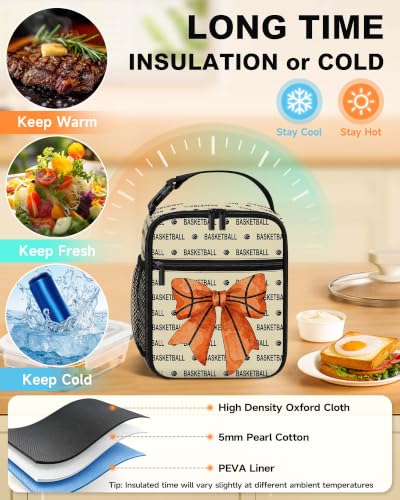Lunch Box Girls Boys Insulated Lunch Bag for Kids Teen, Basketball Bow | Reusable Lunchbox, Cooler Tote Bag, Water Bottle Holder, Front Pockets, Portable Buckle Handle for School Work Picnic Travel - color: Basketball Bow
