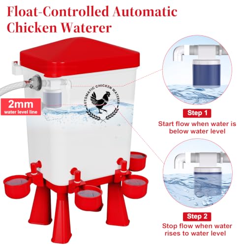 2 Pack 3 Gallon Automatic Chicken Waterer with Float Valve, Poultry Waterer with 10 Chicken Water Cups, 5 FT Water Pipe, Chicken Water Feeder for Coop, Ducks, Hens, Farm, Backyard(Red) - color: Red, size: Auto-2pcs