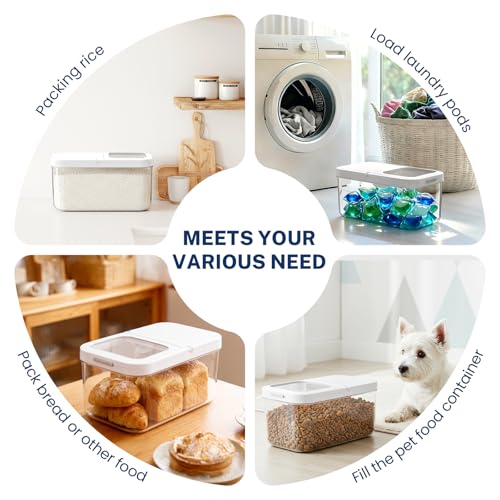 LEAWALK 6 Lbs Airtight Dog Cat Food Storage Container and Dog Treat Containers BPA-Free, PET Clear Stackable Pet Storage Bin, 1-Cup Scoop, 1-Sponge cleaning brush, Pop Top, With handle, Easy Mobility - color: Milky White 6L-A