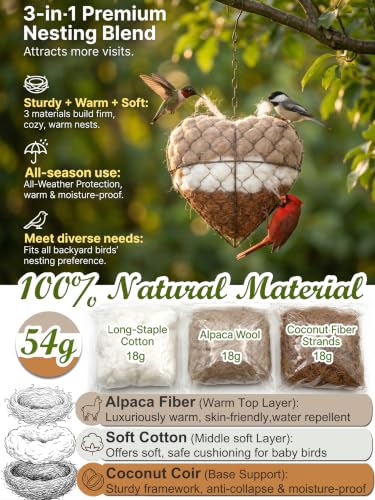 Star Shaped Handmade Alpaca Fiber Bird Nesting Holder, Refillable Natural Nesting Material for Wild Birds, Hummingbirds & Chickadees, Outdoor Garden Tree Decor, Gift for Bird & Nature Lovers - color: heart