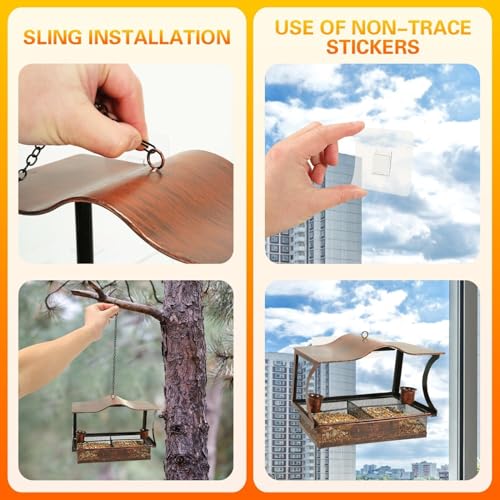 Window Bird Feeder, Metal Window Bird Feeder with 4 Strong Suction Cups, Wild Bird Feeders for Outdoors Hanging, Removable Tray with 2 Water Cups, Easy Clean and Fill