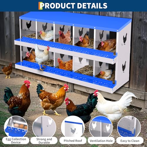 10 Compartment Galvanized Metal Chicken Nesting Box, Easy Install & Clean Roll Out Egg Laying Boxes for Backyard Chicken Coop, Anti-Rust Egg Protection Nest,Blue - color: Blue, size: 10 holes