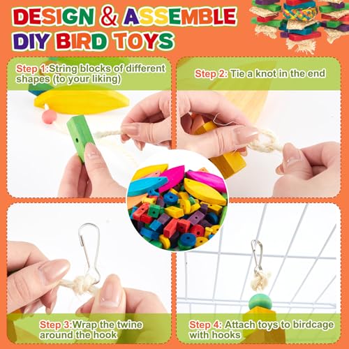 Shappy Large Bird Toy Making Kit, 228 Pcs DIY Parrot Toys Supplies, Natural Wood Chewing Blocks Beads Rope Bell Set for Macaw, Cockatiel, African Grey, Parakeet Cage Enrichment