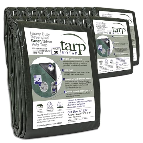 Kotap 6 x 8 Ft. Heavy-Duty Protection/Coverage Tarp, 8-mil, Reversible, Multi-Use, Waterproof, Green-Silver, 20-Pack (TGS-0608-20) - size: 6 x 8 Ft., (20-Pack), style: Heavy-Duty 137 GSM Green/Silver