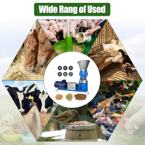 Pellet Mill Machine Animal Feed 220V w/3 Head Rollers 5.5KW | Feed Pellet Machine w/6 Grinding Discs 2.5/3/4/5/6/8mm, w/Air Switch, w/A Splash Plate, 100-200kg/h