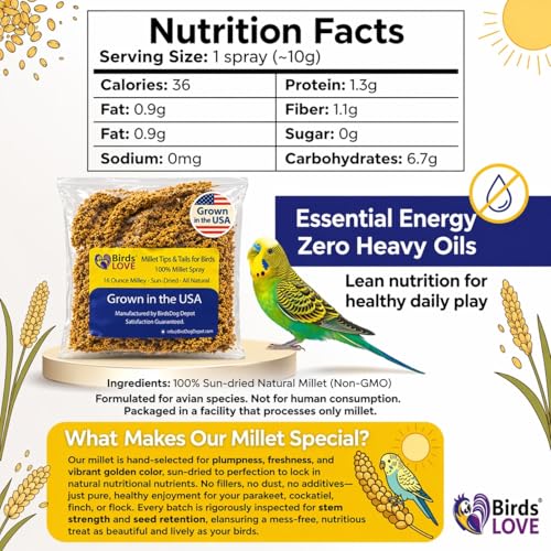 Birds LOVE® Millet Tips & Tails for Birds – Premium Spray Millet Treat, Grown in the USA – Natural & Healthy Bird Food for Parakeets, Cockatiels, Budgies, Lovebirds, Finches, Canaries & Parrots – 1 lb
