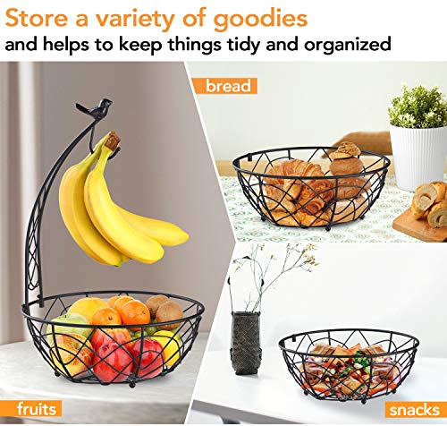 Buruis Metal Fruit Basket Bowl with Banana Holder, Bird Design, Black | Kitchen Countertop Organizer, 2-in-1 Fruit Storage Bowl, Banana Rack, Modern Kitchen Decor, Dining Table Centerpiece - color: Black
