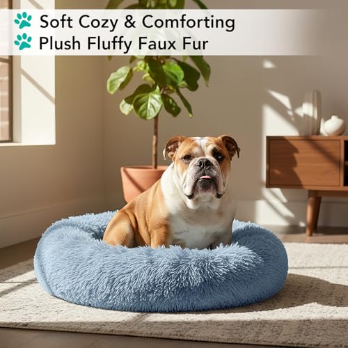 PetAmi Calming Donut Dog Bed, Washable Faux Fur, 30 Inch Medium, Blue | Warm Shaggy Faux Fur and A Deep Nest Help Anxious Pets Curl Up and Sleep Soundly. Perfect for Puppies, Cats, and Rescues. - color: Dusty Blue, size: Medium - 30"