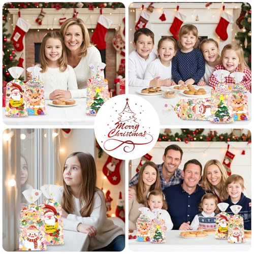 100 Pcs Christmas Treat Bags - Cute Merry Christmas Cellophane Bags, Plastic Christmass Gift Bags Bulk, Clear Winter Xmas Candy Cello Goodie Bag with Twist Ties for Xmas Party Favors Supplies - color: Christmas