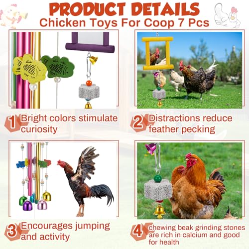 VioraWhite 7 Pcs Chicken Toys, Hanging Chicken Wind Chime, 2 Pcs Coop Mirror Toys with Bells 4 Pack Beak Grinding Stones, Musical Coop Accessories for Hen Rooster Chick Poultry Birds(Yellow, Purple) - color: Yellow, Purple