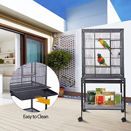 HSM 53 Inch Wrought Iron Large Bird Flight Cage with Rolling Stand | Bird Flight Cage Casters, Slide-out Tray for African Grey Parrot Parakeets Canaries Parrot Cockatiels Lovebirds Conures