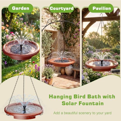 AISITIN 15" Hanging Bird Bath with Solar Fountain & 3‑Tier Step Design | Outdoor Hanging Bird Bath Bowl, Solar Powered Water Fountain for Gardens, Patios, Lawns, and Backyard Bird Feeding Stations
