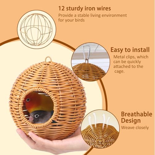 Rattan Bird Nest for Cage Hanging Parrot Breeding Nesting House | Washable Soft Lay Warm Sleep Hut Bird Cage Accessories for Cockatiels Budgerigars Finches Canaries (Circular opening) - style: Circular opening