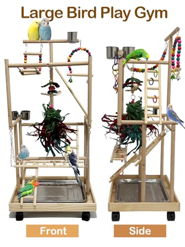 4-Tier Large Wooden Bird Playground with Wheels, Natural Wood Parrot Play Stand Birds Perch Stand Gym with Ladder Toy Accessories for Cockatiel Cockatoo Quaker
